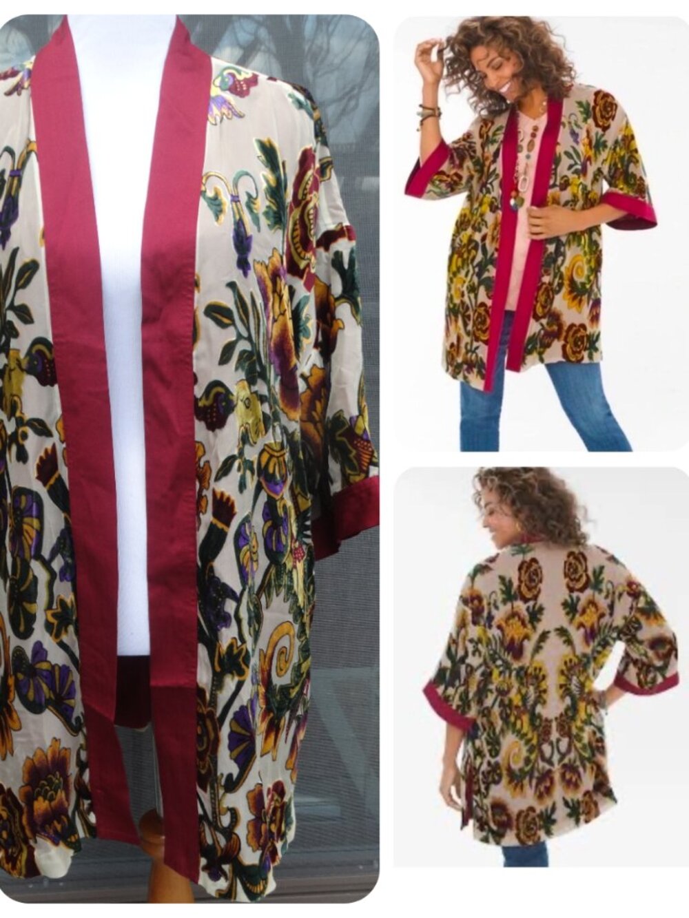 NEW Chico's Heritage Floral Velvet Burnout Kimono Open Front Cardigan L/XL, $199